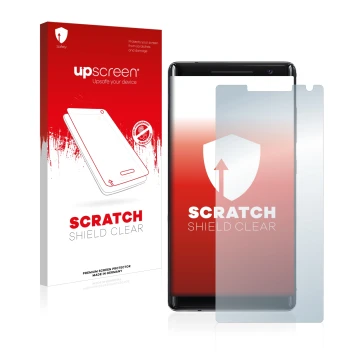 Parte frontale di una confezione del prodotto con il logo del marchio upscreen. Accanto è raffigurato il dispositivo Nokia 8 S