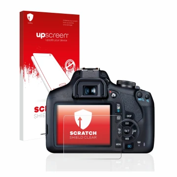 Parte frontale di una confezione del prodotto con il logo del marchio upscreen. Accanto è raffigurato il dispositivo Canon EOS