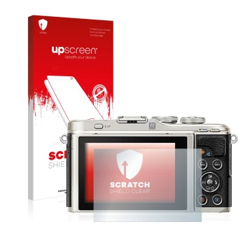 Parte frontale di una confezione del prodotto con il logo del marchio upscreen. Accanto è raffigurato il dispositivo Olympus P