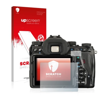 Parte frontale di una confezione del prodotto con il logo del marchio upscreen. Accanto è raffigurato il dispositivo Pentax K-