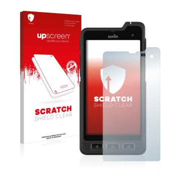 Parte frontale di una confezione del prodotto con il logo del marchio upscreen. Accanto è raffigurato il dispositivo Sonim XP8