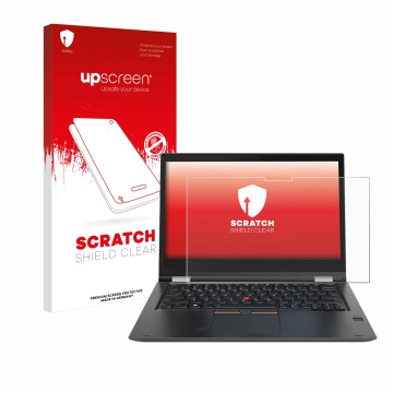 Parte frontale di una confezione del prodotto con il logo del marchio upscreen. Accanto è raffigurato il dispositivo Lenovo Th