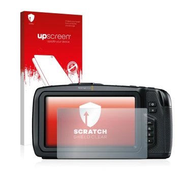 Parte frontale di una confezione del prodotto con il logo del marchio upscreen. Accanto è raffigurato il dispositivo Blackmagi