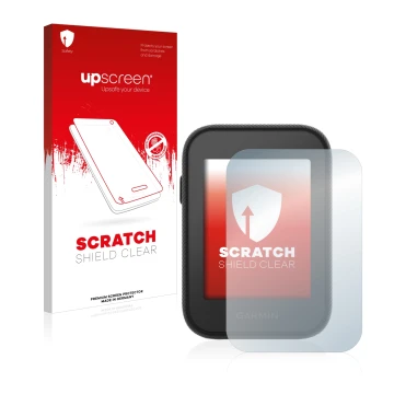 Parte frontale di una confezione del prodotto con il logo del marchio upscreen. Accanto è raffigurato il dispositivo Garmin Ap