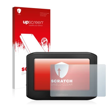 Parte frontale di una confezione del prodotto con il logo del marchio upscreen. Accanto è raffigurato il dispositivo Garmin zu