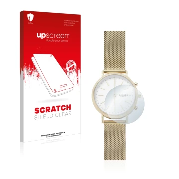 Parte frontale di una confezione del prodotto con il logo del marchio upscreen. Accanto è raffigurato il dispositivo Skagen Hy