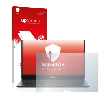 Parte frontale di una confezione del prodotto con il logo del marchio upscreen. Accanto è raffigurato il dispositivo Dell XPS 