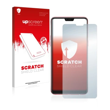 Parte frontale di una confezione del prodotto con il logo del marchio upscreen. Accanto è raffigurato il dispositivo Oppo F7 c