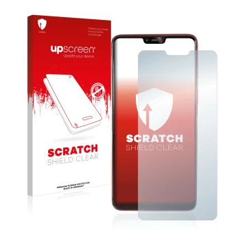 Parte frontale di una confezione del prodotto con il logo del marchio upscreen. Accanto è raffigurato il dispositivo Oppo R15 