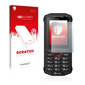 Parte frontale di una confezione del prodotto con il logo del marchio upscreen. Accanto è raffigurato il dispositivo Crosscall