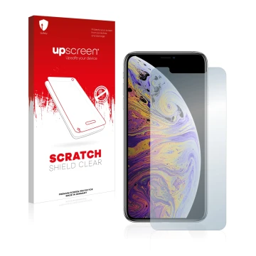 Parte frontale di una confezione del prodotto con il logo del marchio upscreen. Accanto è raffigurato il dispositivo Apple iPh