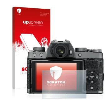 Parte frontale di una confezione del prodotto con il logo del marchio upscreen. Accanto è raffigurato il dispositivo Fujifilm 