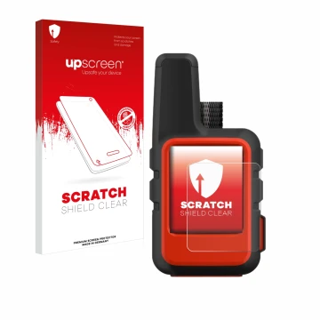 Parte frontale di una confezione del prodotto con il logo del marchio upscreen. Accanto è raffigurato il dispositivo Garmin in