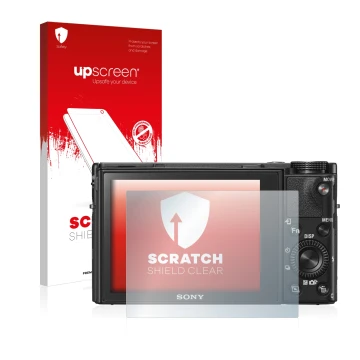 Parte frontale di una confezione del prodotto con il logo del marchio upscreen. Accanto è raffigurato il dispositivo Sony Cybe