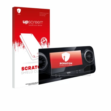 Parte frontale di una confezione del prodotto con il logo del marchio upscreen. Accanto è raffigurato il dispositivo Mercedes-