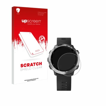 Parte frontale di una confezione del prodotto con il logo del marchio upscreen. Accanto è raffigurato il dispositivo Garmin Fo
