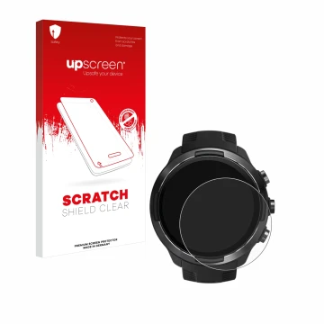 Parte frontale di una confezione del prodotto con il logo del marchio upscreen. Accanto è raffigurato il dispositivo Suunto 9 