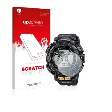 Parte frontale di una confezione del prodotto con il logo del marchio upscreen. Accanto è raffigurato il dispositivo Casio Pro
