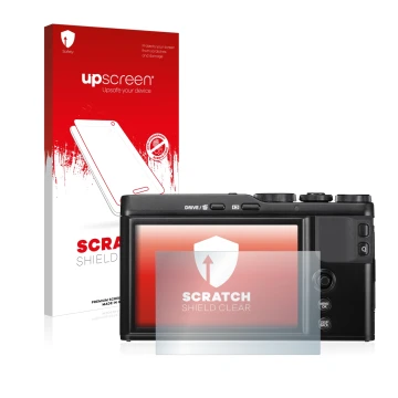 Parte frontale di una confezione del prodotto con il logo del marchio upscreen. Accanto è raffigurato il dispositivo Fujifilm 