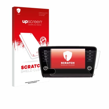 Parte frontale di una confezione del prodotto con il logo del marchio upscreen. Accanto è raffigurato il dispositivo Skoda Amu