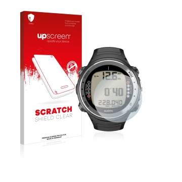 Parte frontale di una confezione del prodotto con il logo del marchio upscreen. Accanto è raffigurato il dispositivo Suunto D4