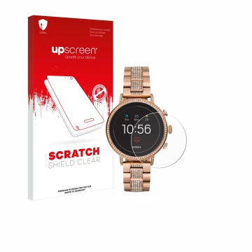 Parte frontale di una confezione del prodotto con il logo del marchio upscreen. Accanto è raffigurato il dispositivo Fossil Q 