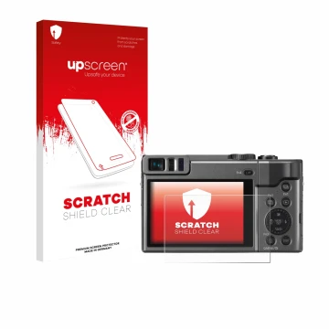 Parte frontale di una confezione del prodotto con il logo del marchio upscreen. Accanto è raffigurato il dispositivo Panasonic