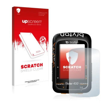Parte frontale di una confezione del prodotto con il logo del marchio upscreen. Accanto è raffigurato il dispositivo Bryton Ri