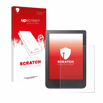 Parte frontale di una confezione del prodotto con il logo del marchio upscreen. Accanto è raffigurato il dispositivo Kobo Clar