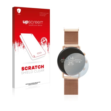 Parte frontale di una confezione del prodotto con il logo del marchio upscreen. Accanto è raffigurato il dispositivo Skagen Sm