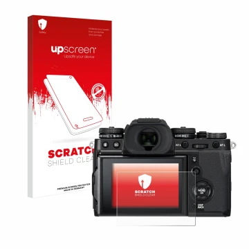 Parte frontale di una confezione del prodotto con il logo del marchio upscreen. Accanto è raffigurato il dispositivo Fujifilm 