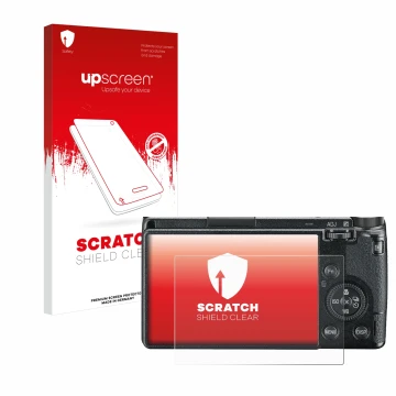 Parte frontale di una confezione del prodotto con il logo del marchio upscreen. Accanto è raffigurato il dispositivo Ricoh GR 