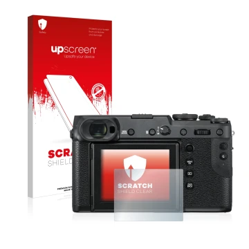 Parte frontale di una confezione del prodotto con il logo del marchio upscreen. Accanto è raffigurato il dispositivo Fujifilm 