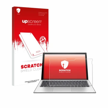 Parte frontale di una confezione del prodotto con il logo del marchio upscreen. Accanto è raffigurato il dispositivo HP Elite 