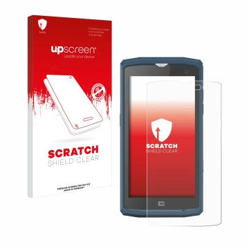 Parte frontale di una confezione del prodotto con il logo del marchio upscreen. Accanto è raffigurato il dispositivo Crosscall