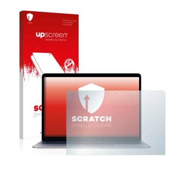 Parte frontale di una confezione del prodotto con il logo del marchio upscreen. Accanto è raffigurato il dispositivo Apple Mac