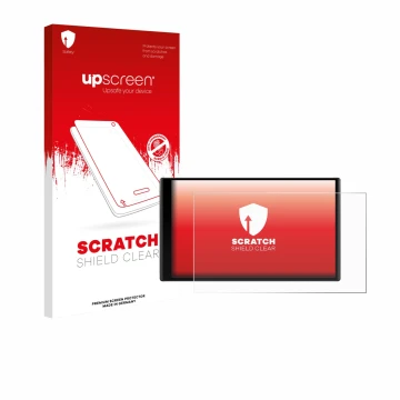 Parte frontale di una confezione del prodotto con il logo del marchio upscreen. Accanto è raffigurato il dispositivo Garmin Dr