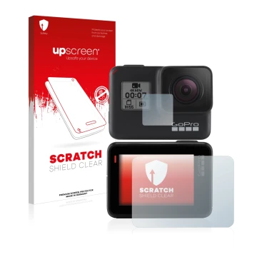 Parte frontale di una confezione del prodotto con il logo del marchio upscreen. Accanto è raffigurato il dispositivo GoPro Her