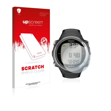 Parte frontale di una confezione del prodotto con il logo del marchio upscreen. Accanto è raffigurato il dispositivo Suunto D4