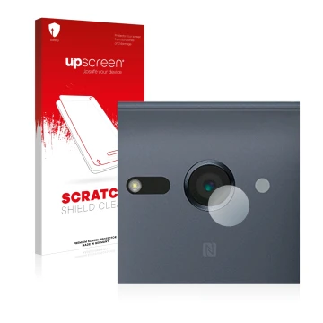 Parte frontale di una confezione del prodotto con il logo del marchio upscreen. Accanto è raffigurato il dispositivo Sony Xper