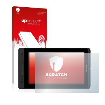 Parte frontale di una confezione del prodotto con il logo del marchio upscreen. Accanto è raffigurato il dispositivo Huion Kam