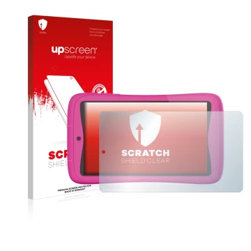 Parte frontale di una confezione del prodotto con il logo del marchio upscreen. Accanto è raffigurato il dispositivo Kurio Con