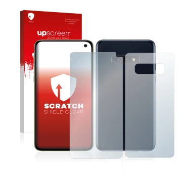 Parte frontale di una confezione del prodotto con il logo del marchio upscreen. Accanto è raffigurato il dispositivo Samsung G