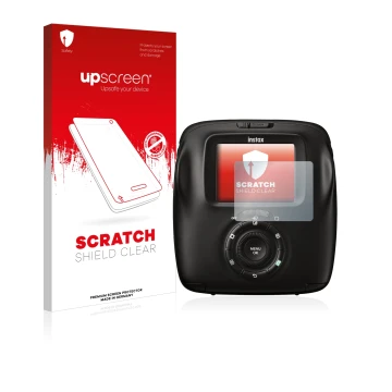Parte frontale di una confezione del prodotto con il logo del marchio upscreen. Accanto è raffigurato il dispositivo Fujifilm 