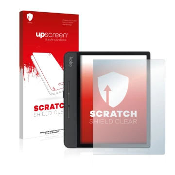 Parte frontale di una confezione del prodotto con il logo del marchio upscreen. Accanto è raffigurato il dispositivo Kobo Form