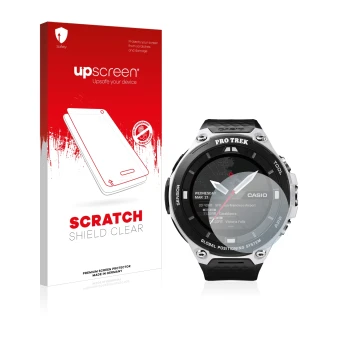 Parte frontale di una confezione del prodotto con il logo del marchio upscreen. Accanto è raffigurato il dispositivo Casio Pro