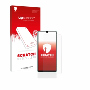 Parte frontale di una confezione del prodotto con il logo del marchio upscreen. Accanto è raffigurato il dispositivo Huawei P3