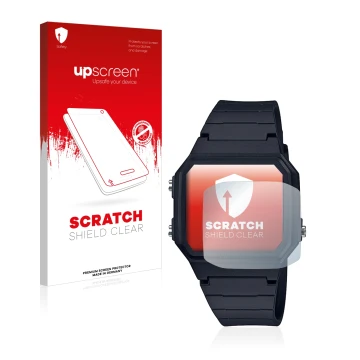 Parte frontale di una confezione del prodotto con il logo del marchio upscreen. Accanto è raffigurato il dispositivo Casio Uni
