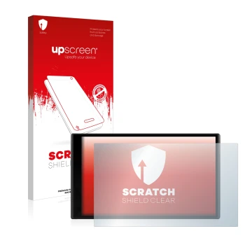 Parte frontale di una confezione del prodotto con il logo del marchio upscreen. Accanto è raffigurato il dispositivo Garmin Dr