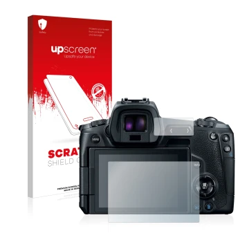 Parte frontale di una confezione del prodotto con il logo del marchio upscreen. Accanto è raffigurato il dispositivo Canon EOS
